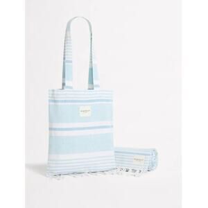 Seafolly Beach Tote & Towel Set Blue Stripe Fringe Turkish Towel NWT 100% Cotton